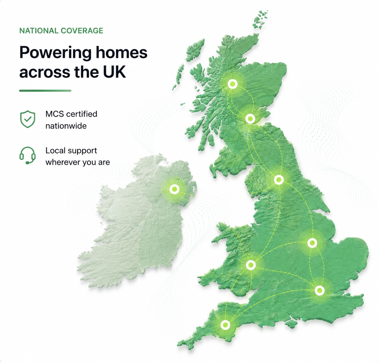 Map of the United Kingdom showing Volt British Solar installation hubs